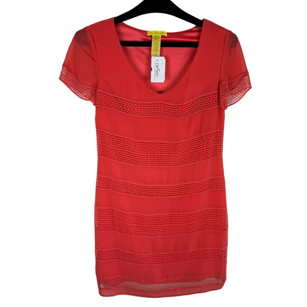 Catherine Maladrino NWT‎ Coral Short Sleeve V-Neck Crochet Short Sheath Dress 2
